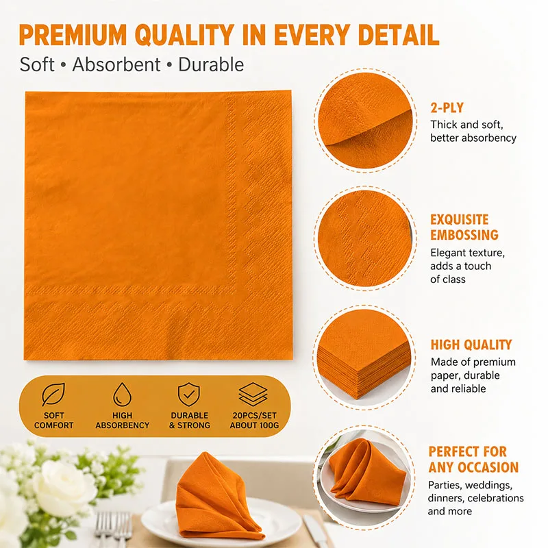 20Pcs Solid Orange Paper Napkins Disposable Luncheon Napkin for Birthday Wedding Fall Thanksgiving Halloween Party Table Decor