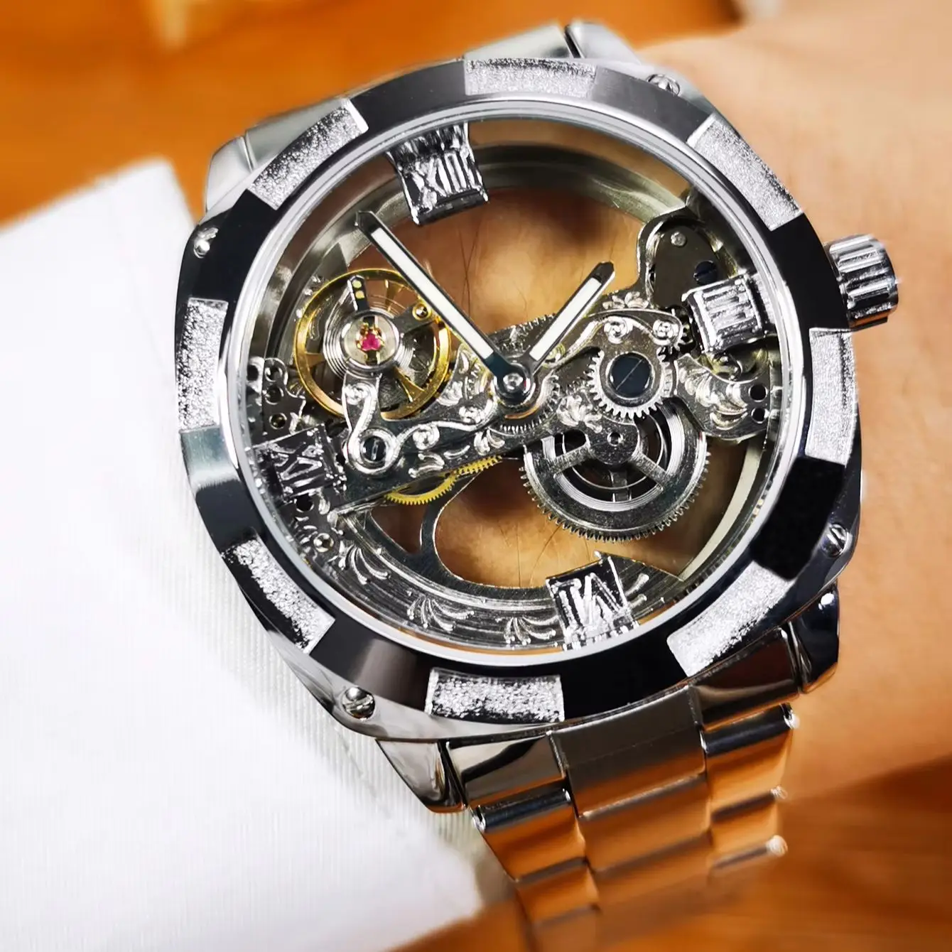 WINNER Business Automatic Mechanical Watch for Men Square Skeleton Luminous Hands Retro Mens Watches Top Brand Luxury Steel Band