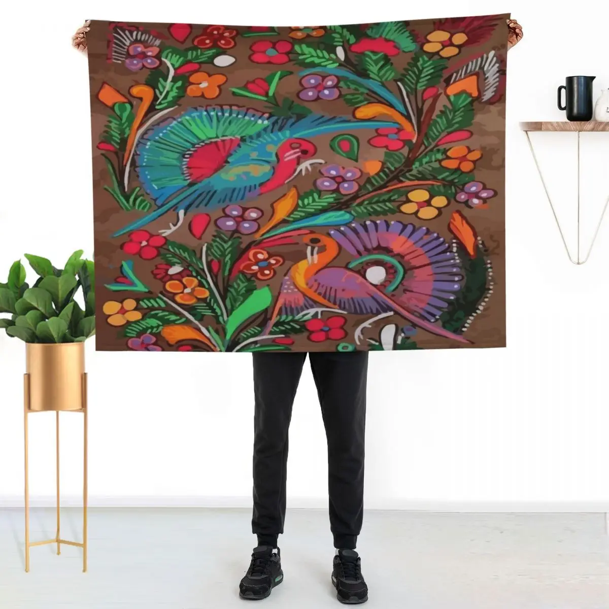 Amate bark painting maximalist birds colorful mexican folk art decoration Throw Blanket Travel Large warm winter Blankets