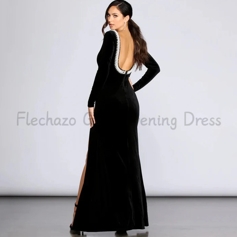 Flechazo-vestido de noche con cuello redondo para mujer, manga larga, largo hasta el suelo de sirena, abertura lateral, espalda abierta Sexy con cuentas, vestidos de banquete