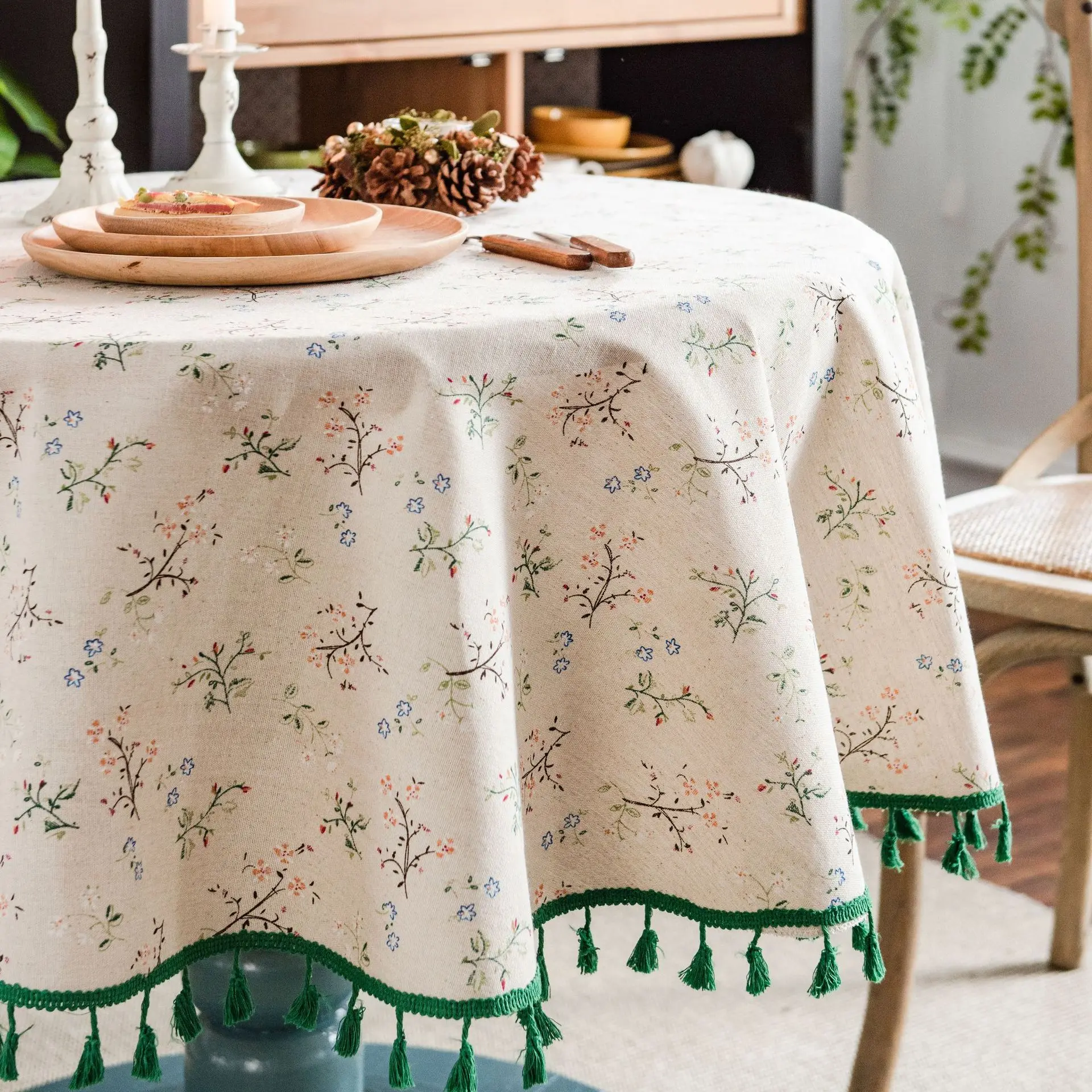 French Floral Round Tablecloth Light Luxury Senior Sense Tassel Tablecloth Cotton Linen Small Round Table Table Decoration