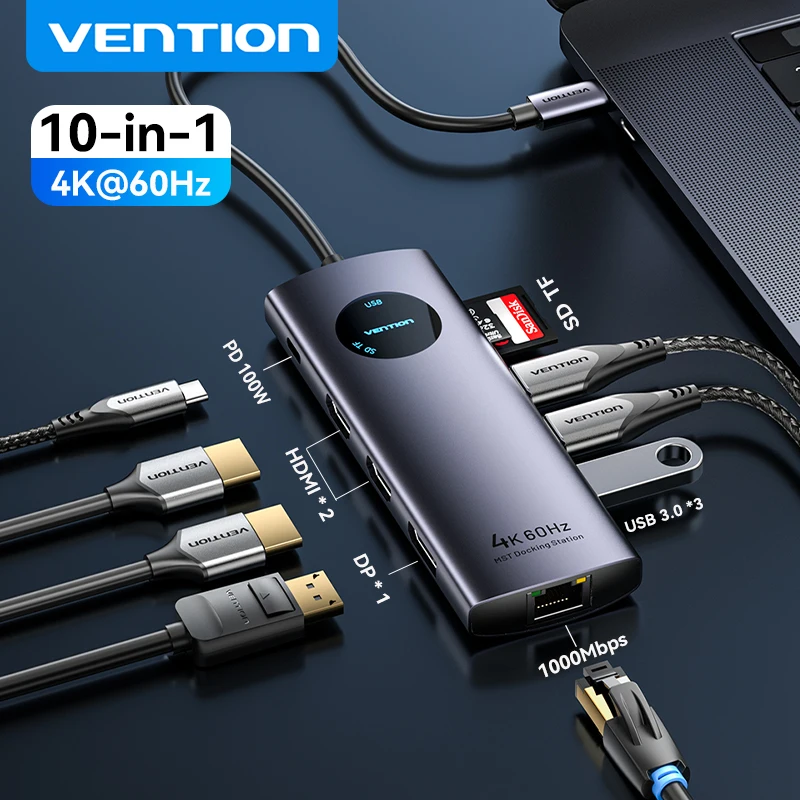 

Vention 10 в 1 USB HUB HDMI DP 4K@60Hz Адаптер RJ45 Splitter Type C HUB 3.0 PD 100W Зарядное устройство Док-станция для MacBook Laptop