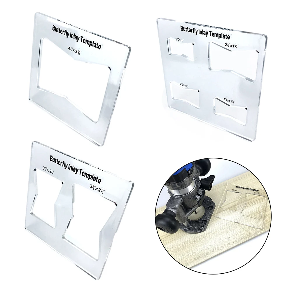 Butterfly Inlay Template Clear Acrylic Set with 7 Sizes for Precise Routing in Decorative Woodworking and Repair Applications