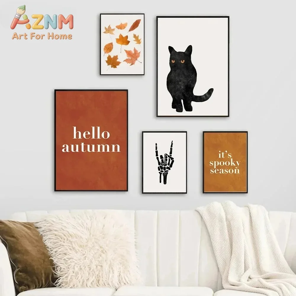 AZNM Autumn Maple Leaf Black Cat Skeleton Hand Spooky Season Canvas Wall Art, Minimalist Fall Halloween Frameless Canvas Print P
