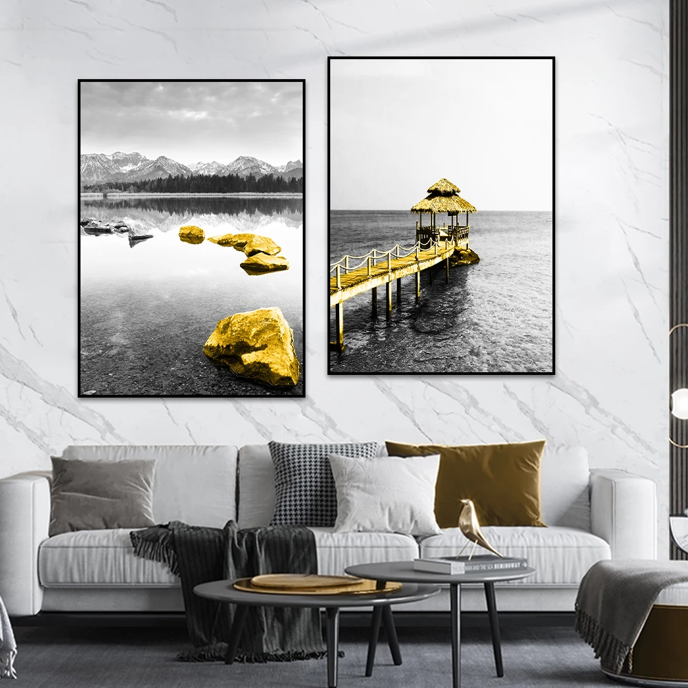 Golden Landscape At Sea Wall Art Poster Prints Modern Abstract Canvas Painting Black and White Picture Living Room Home Decor