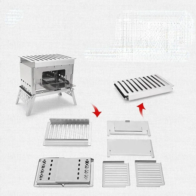 Outdoor Stainless Steel Card Grill Camping Mini Detachable Portable Wood Stove Picnic Charcoal Card Stove Camping Gear Gas Stove