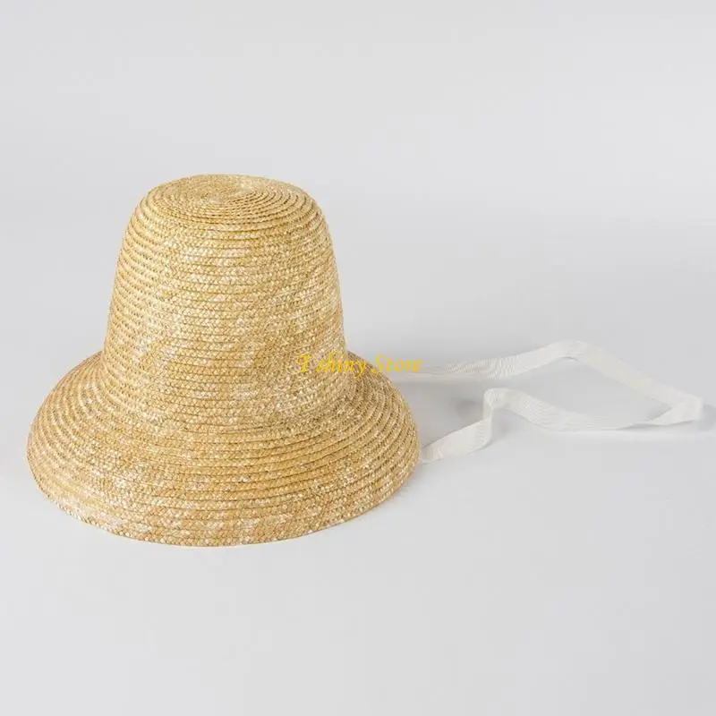 N58F Straw Sun Hat for Women Fashionable 3.5in Wide Brim Beach Vacation Summer Hat