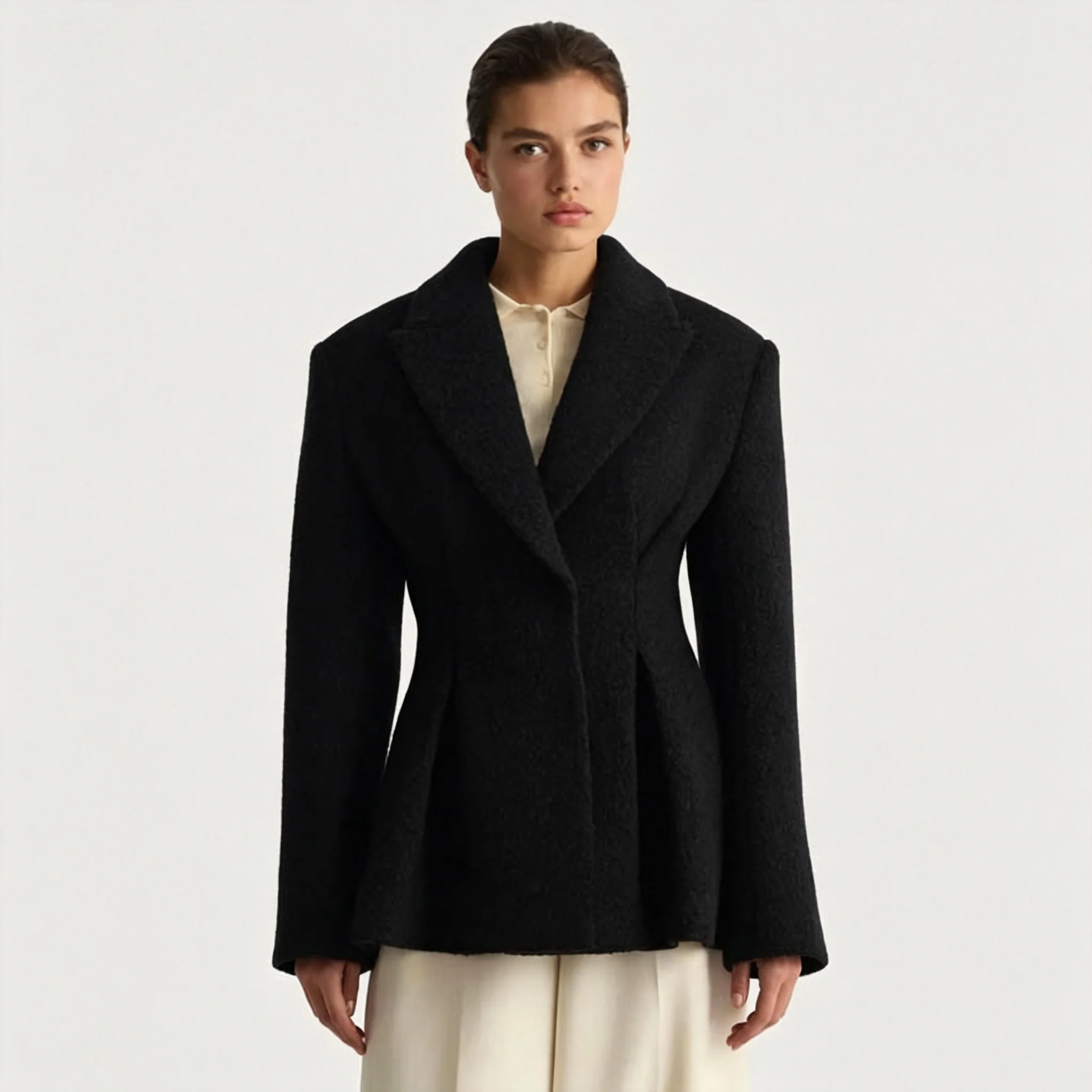 RU Women Woolen Blazer Jacket Lapel Collar Shoulder Pads Waist Cinched Flared Hem Autumn Winter Slim Fit Outerwear