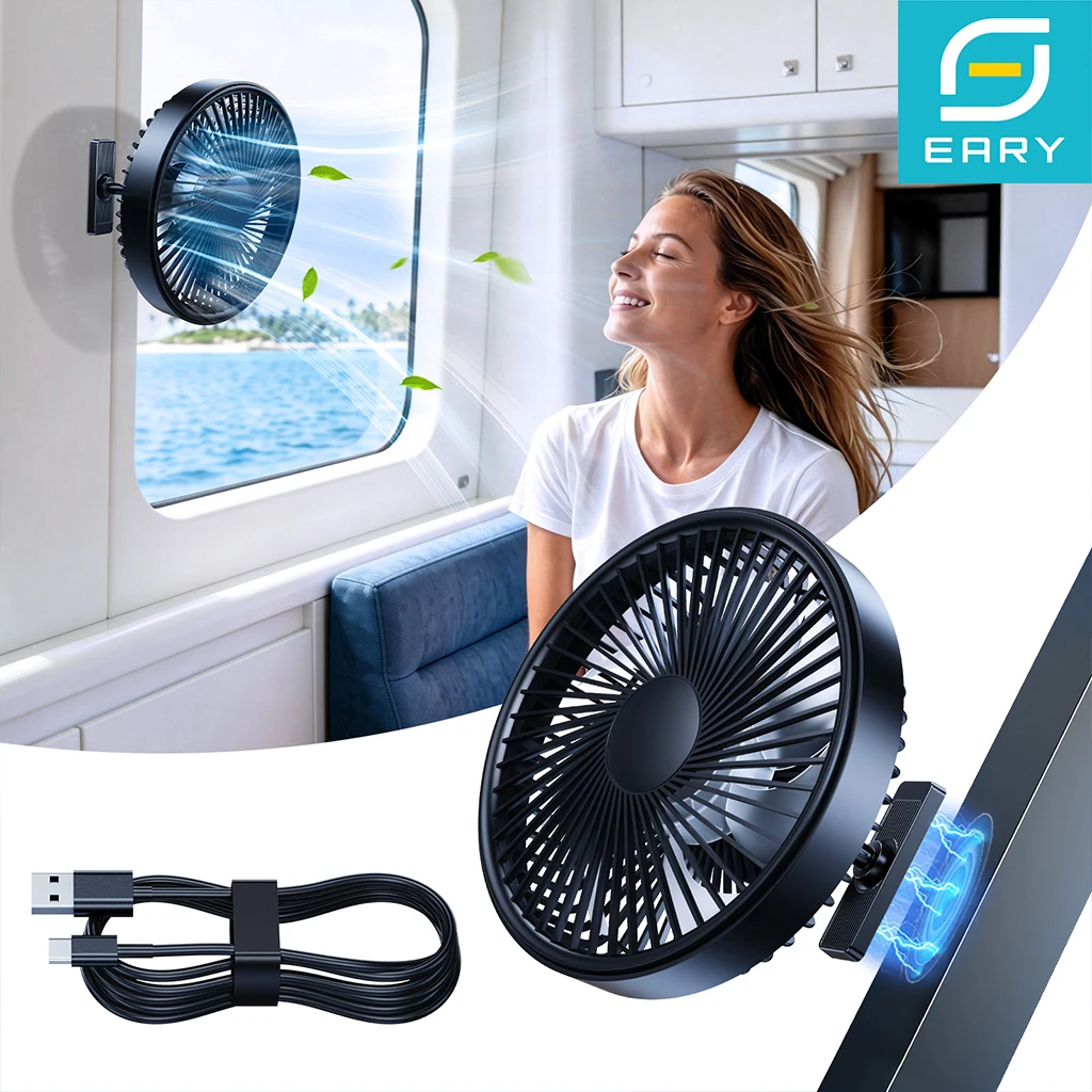 Eary Magnetic Golf Cart Fan 3000mAh Portable Cooling Fan 360° Adjustable Strong Magnet Mount for Boat Cruise Outdoor Gym Camping