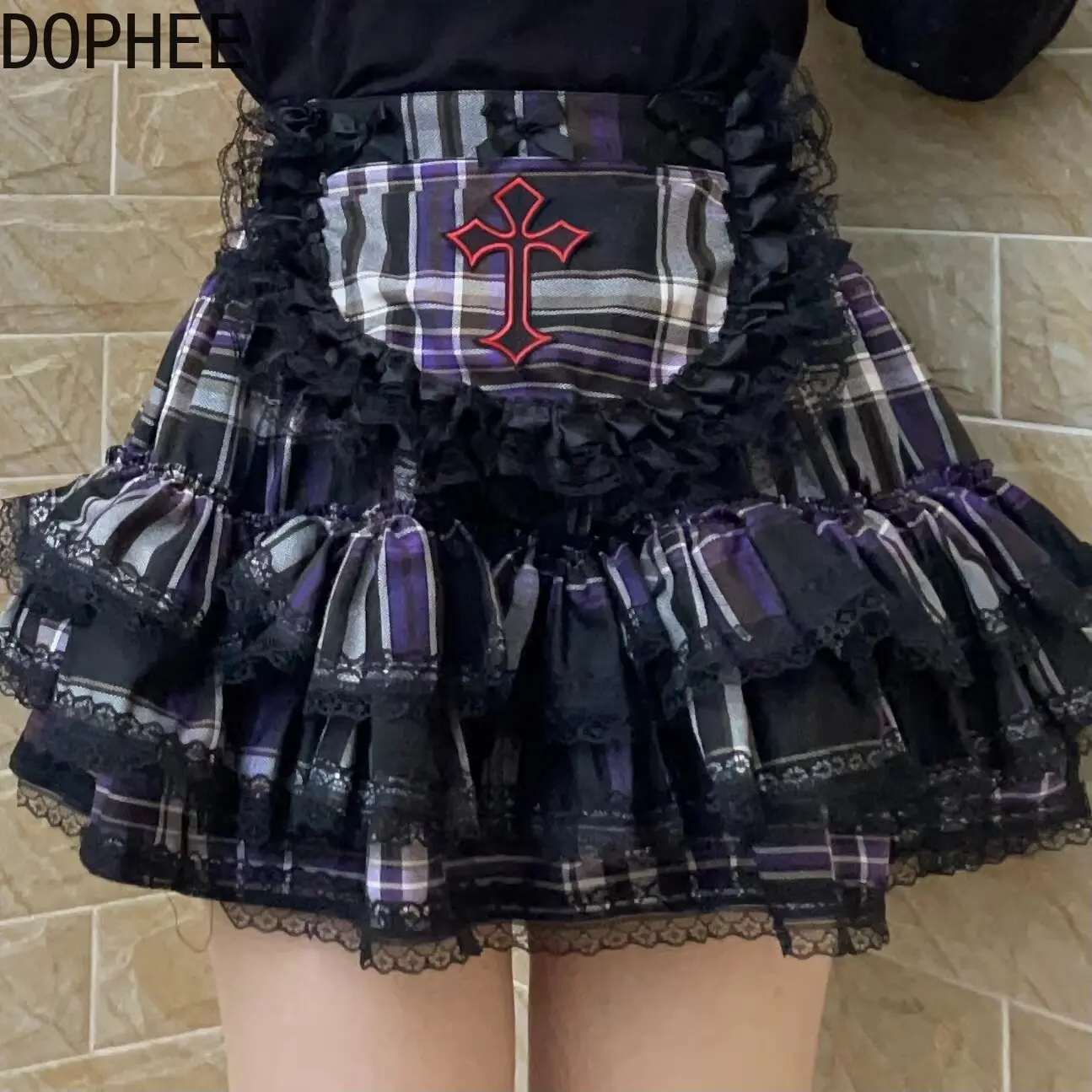 Original Subcultural Gothic Sweet Cool Girl Black Purple Checkered Cake Skirt Elastic High Waist Lace Splicing Y2k Puff Skirts