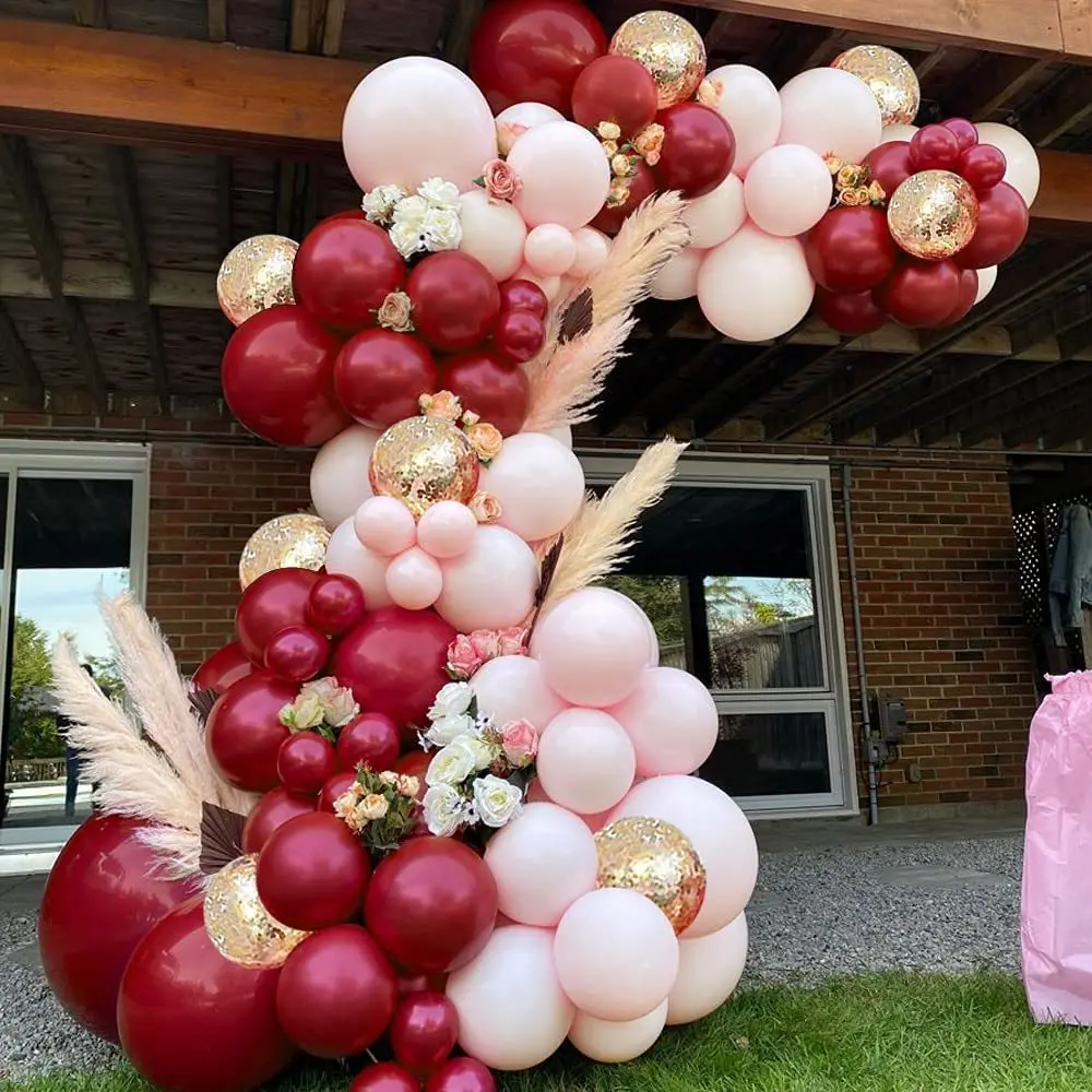 144Pcs Burgundy Wine Red Balloons Garland Kit Translucent Rose Red Balloons DIY Chrome Balloon Arch Wedding Birthday Party Decor