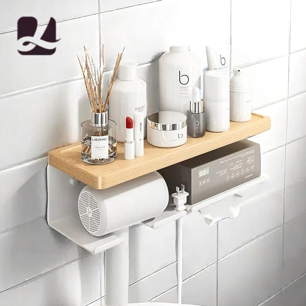 

Beech wood hair dryer shelf bathroom wall mounted no-punch bracket hairdryer hanging rack air blower storage shelf