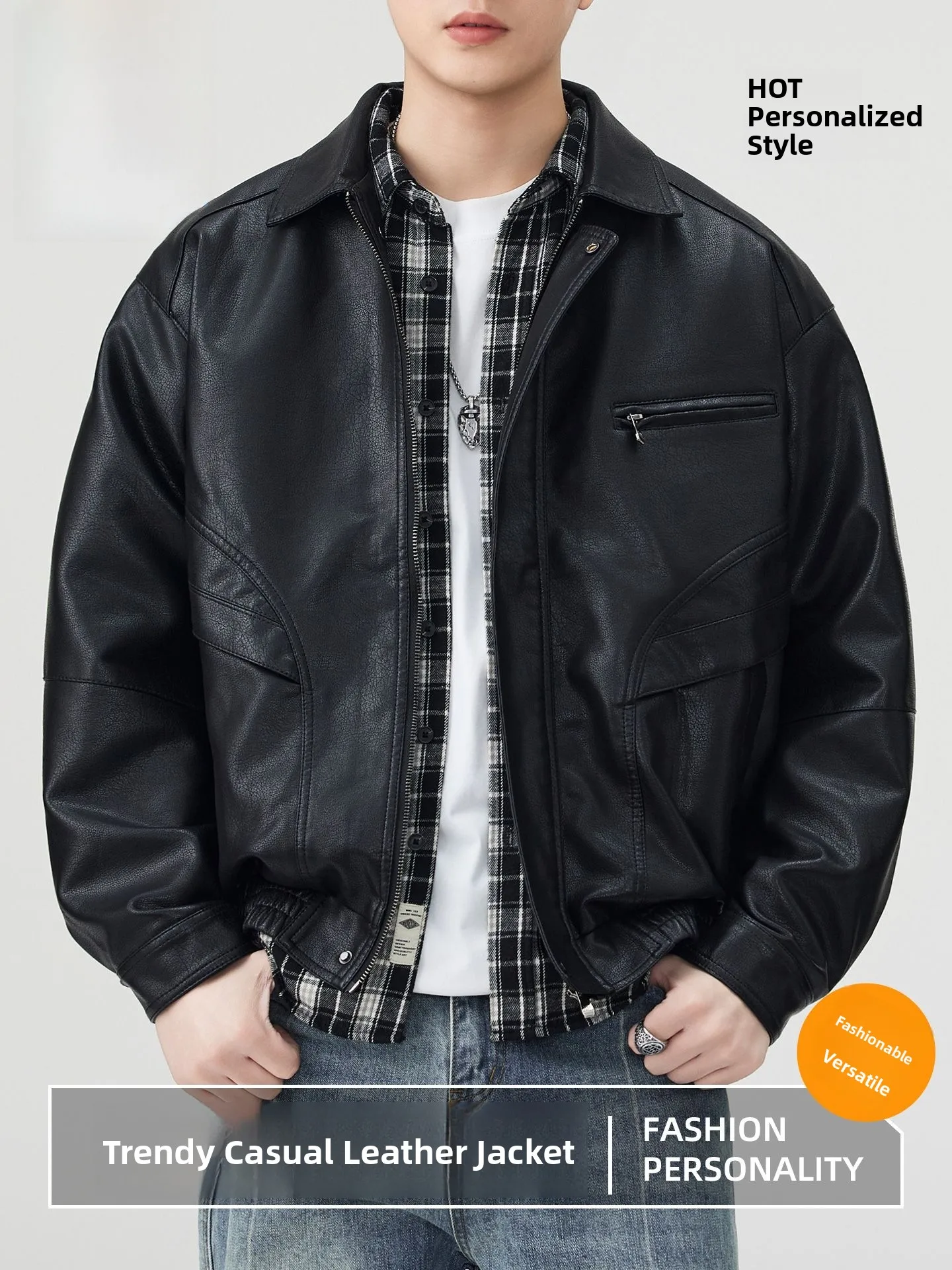 

Jeanswest American Sle Men's Leather Jaet 2025 New Loose Cool Motorcycle Clothes Turn-down Collar PU Leather Jaet