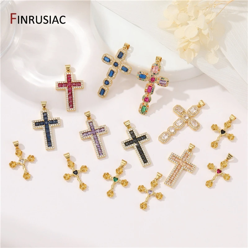 14K Gold Plated Brass Colorful Cubic Zirconia Large Cross Pendant For Religious Faith Charm Necklace Jewelry Making Accessories