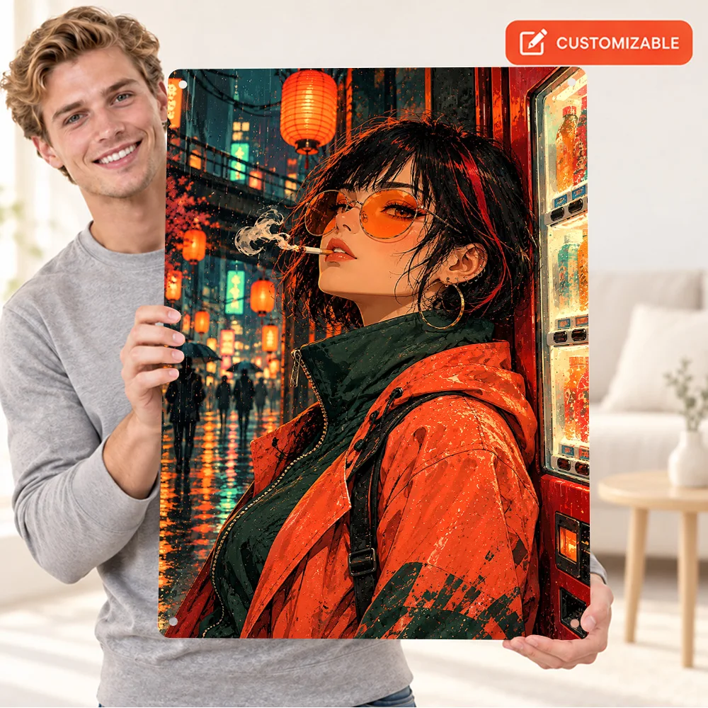 Anime Girl Smoking By Vending Machine Printed Poster Personalized Aluminum Metal Sign Vector Illustration Wall Art For Bedroom