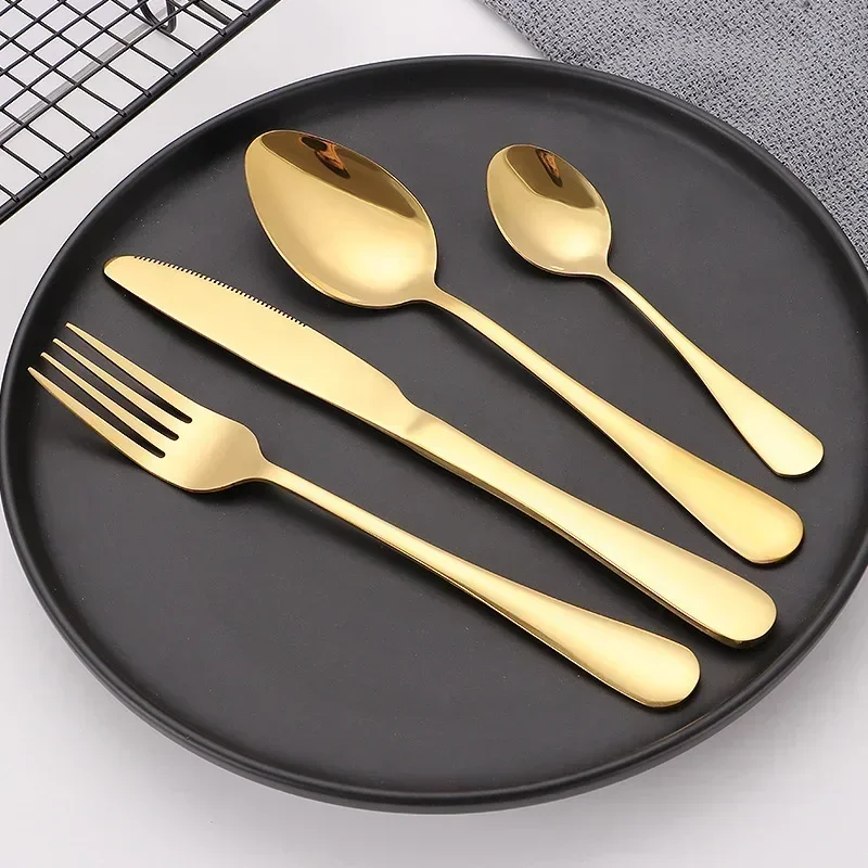 24pcs Golden Tableware Set Light Luxury Stainless Steel Cutlery Fork Knife Spoon Dinnerware Set Minimalist Decor with Gift Box