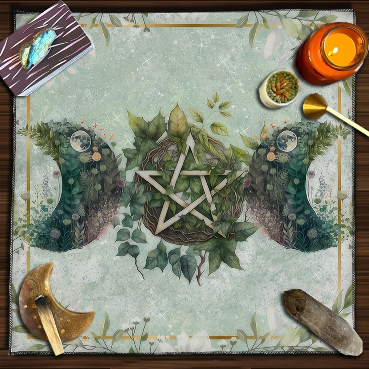 Occult Witchy Divination Tarot Card Table Cloth  Green Leaf & Moon Altar Cloth For Tarot Reading Cloth Spiritual Oracle Card Pad