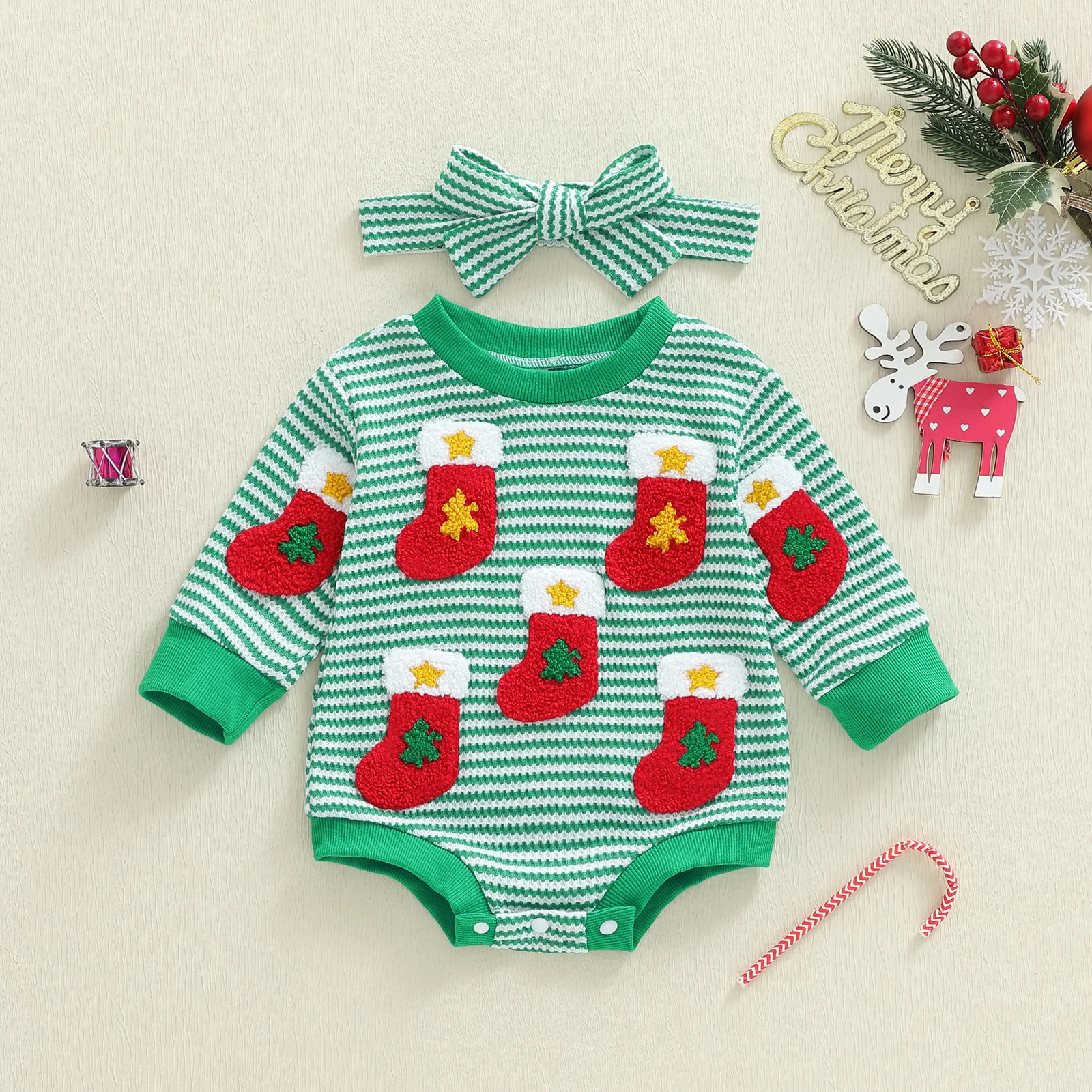 

Christmas Infant Girl Two Pieces Outfits Long Sleeve Crew Neck Stripe Print Gingerbread Man Embroidery Romper with Headband Set