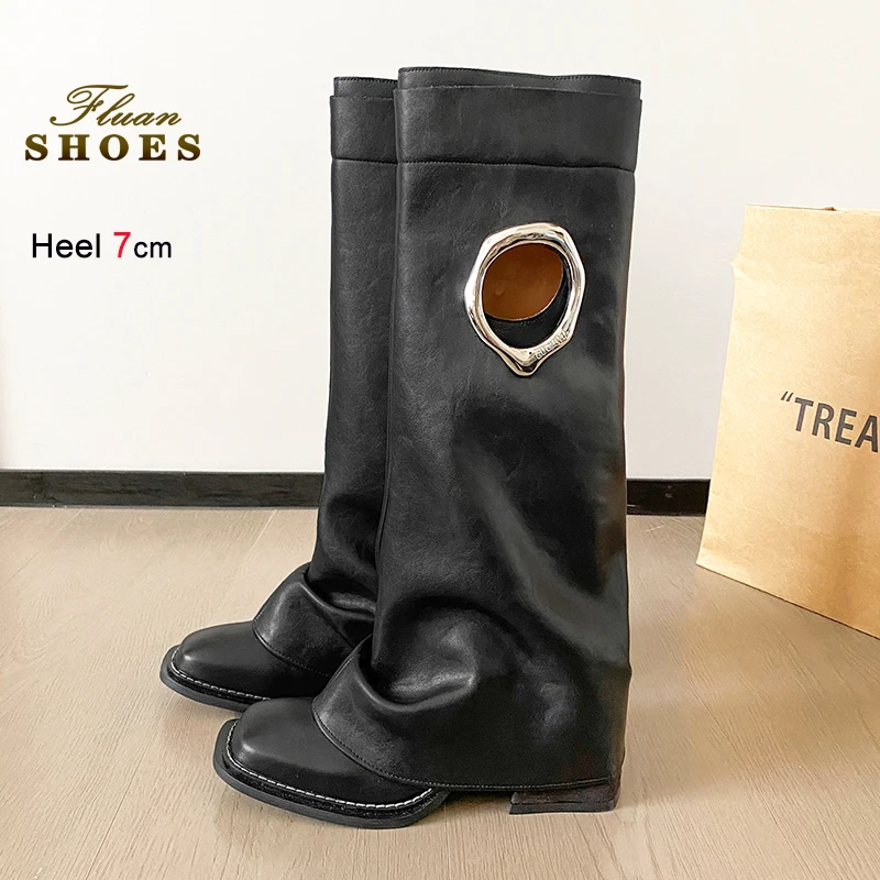 

Женские сапоги в западном стиле, сапоги до колена на высоком каблуке 7 см, женские сапоги до колена с квадратным носком, модный дизайн, полые рыцарские туфли