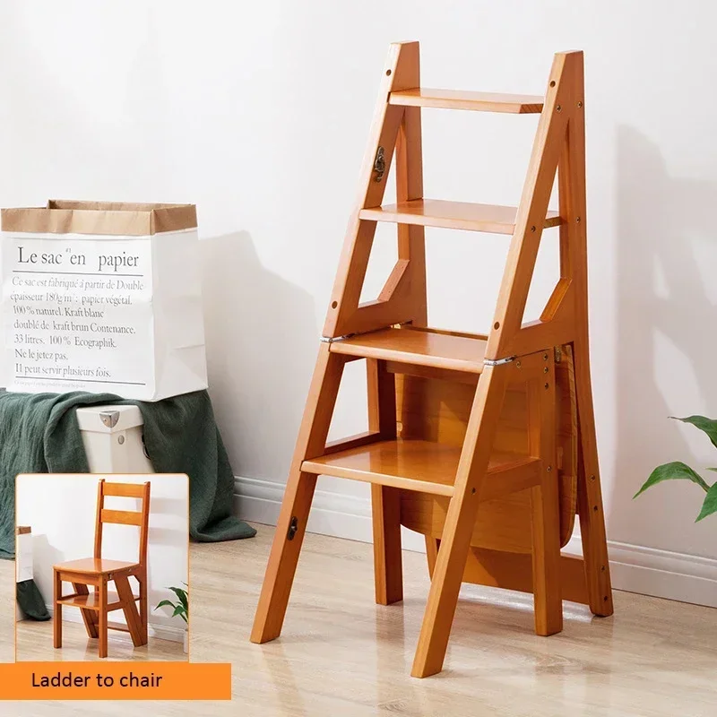 Solid Wooden Ladder Household Chair Foldable Ladder Chair Multi-functional Ladder Stool For Indoor Climbing Stairs