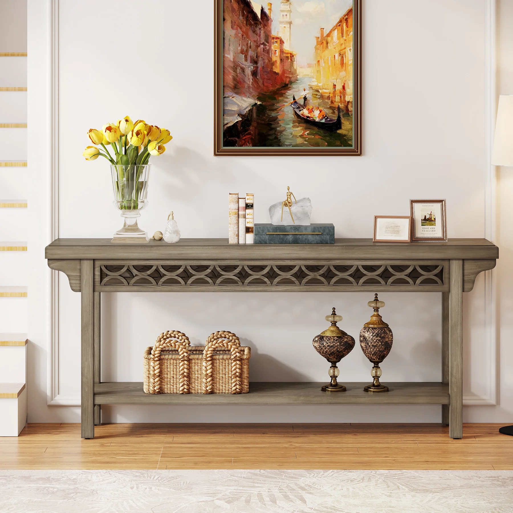 

Tribesigns 70.8-Inch Solid Wood Long Console Table, Farmhouse Entryway Table with Storage, Narrow Sofa Table Grey Couch Table