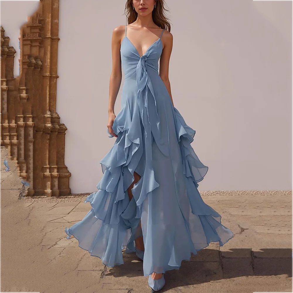 

Сексуальное платье для выпускного вечера с v-образным вырезом на тонких бретельках, стильное вечернее платье трапециевидной формы с оборками и рюшами длиной до пола, модное