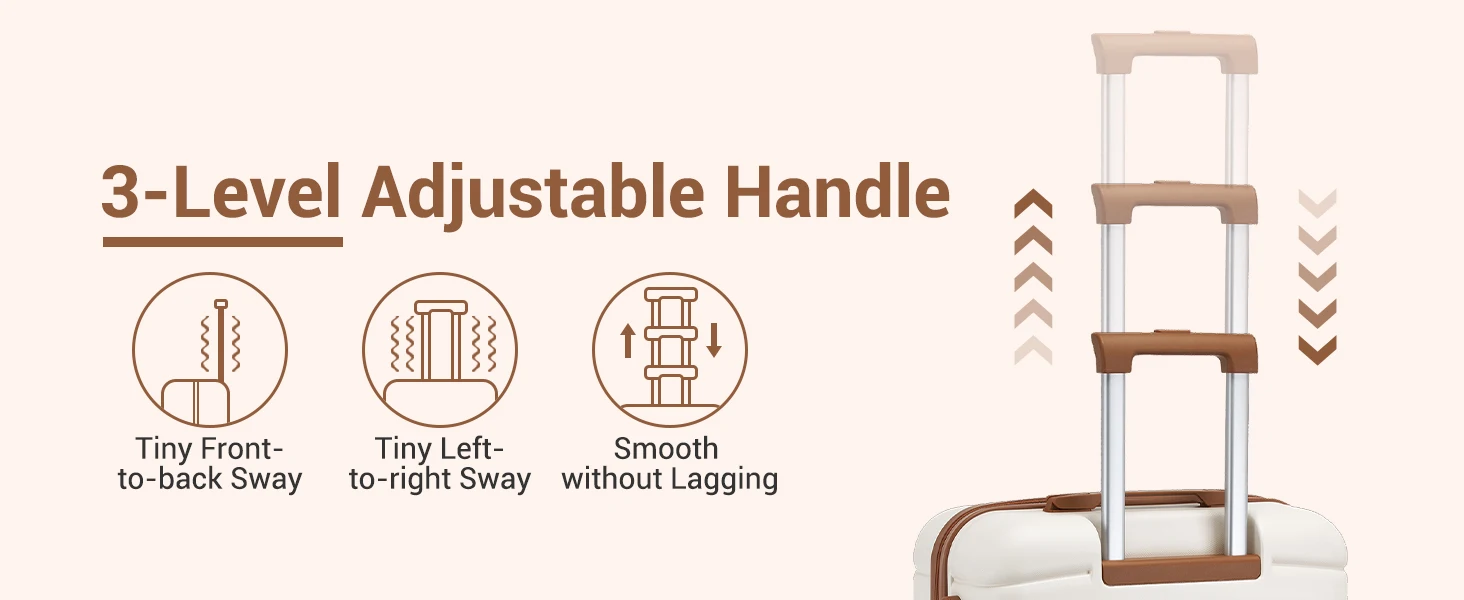 Text reads '3-Level Adjustable Handle'. Product diagram showing three height positions with icons for pull-up handle, push-pull, and anchored trolley. Aluminum telescoping luggage handle shown.
