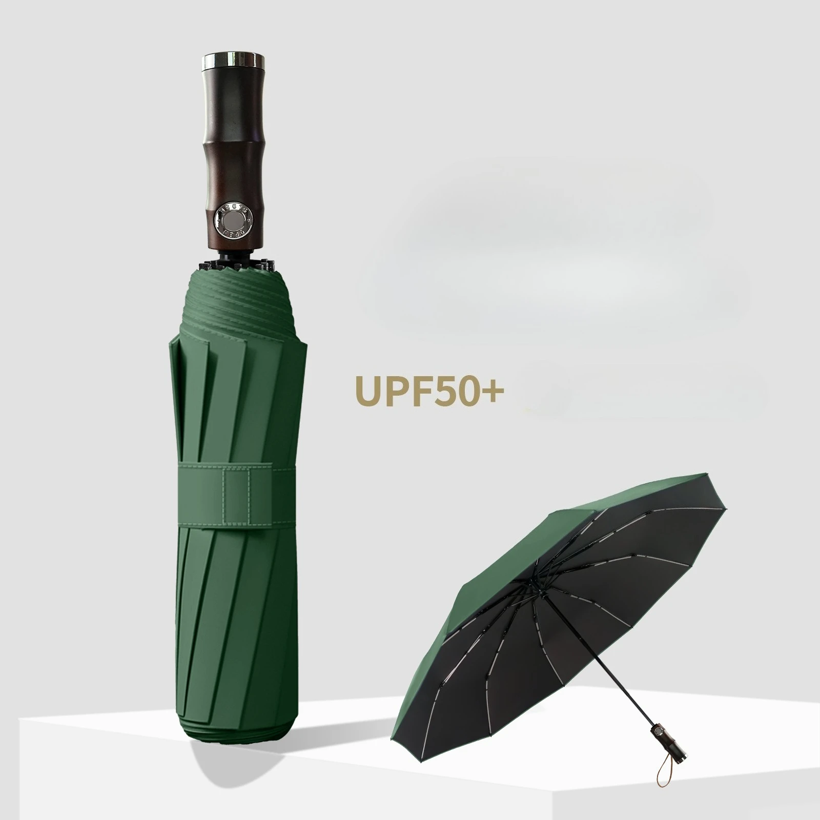 Automatic Umbrella Men Women Retro Bamboo Handle Vinyl Sunscreen Sun Parasol Enlarged and Thickened 10 Bones High Value Umbrella