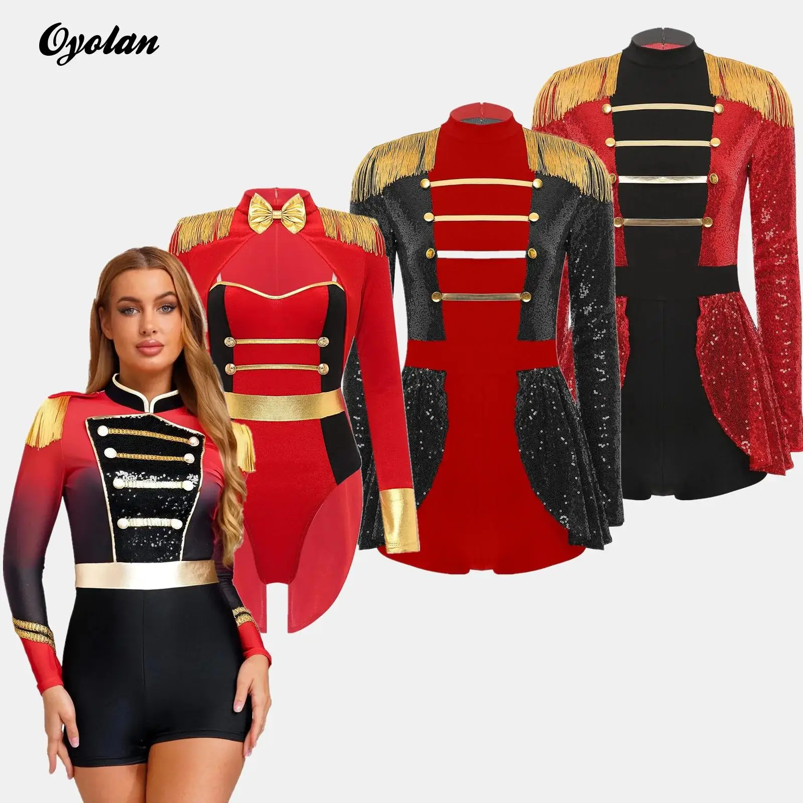 

Women Circus Ringmaster Marching Band Jumpsuit Shiny Sequin Tassel Epaulet Rompers Bodysuit Halloween Lion Tamer Cosplay Costume