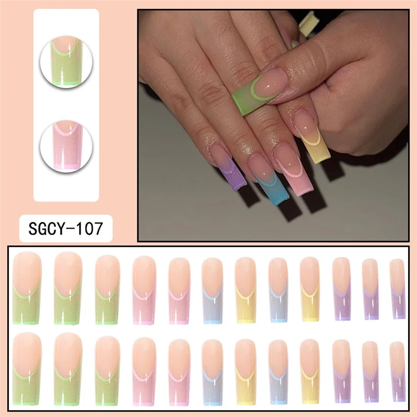 

24Pcs/Set Long Pipe French Fake Nails Tips Candy Color Sweet Sticky Wearing False Nails Full Coverage Acrylic Press on Nail Art