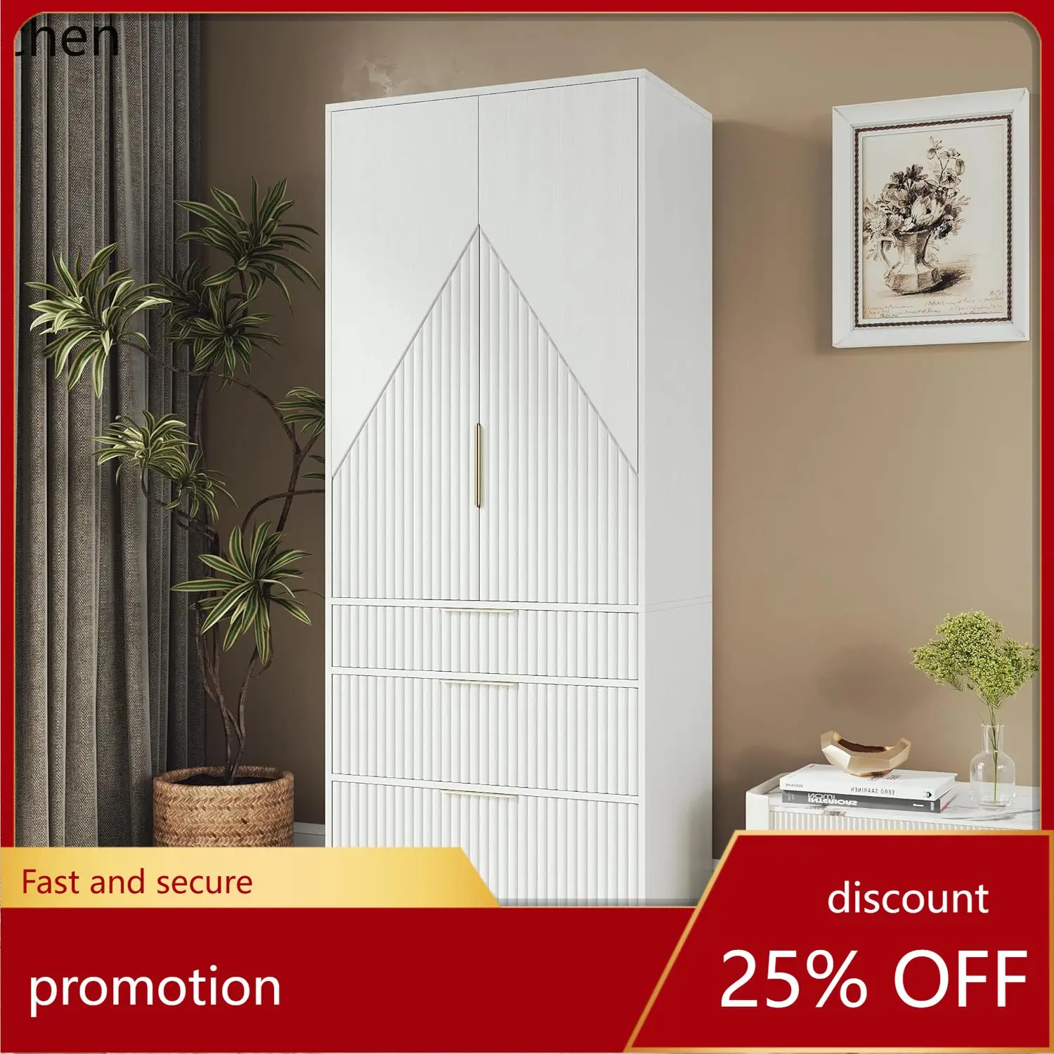 

CZ Wooden Wardrobe with 2 Doors and 3 Drawers, Bedroom Closet with Hanging Rod and Shelves
