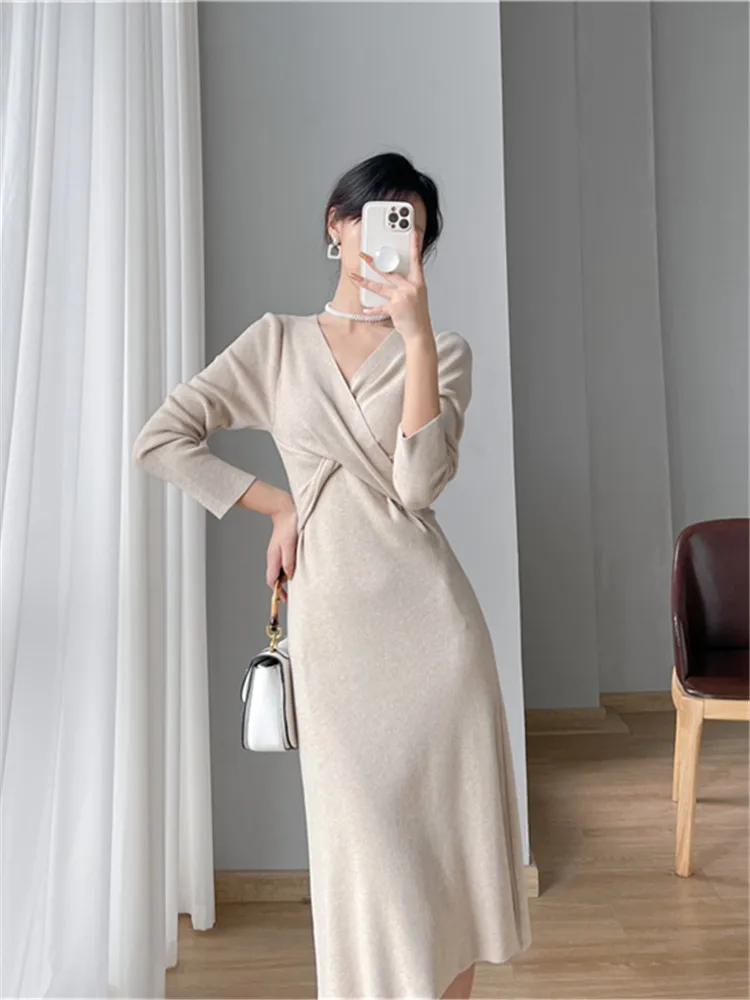 

Autumn Winter New 2023 Matching Coat Sweater Dress Woman Long Sweet Temperament Goddess Fun Solid Color Underlay Knit Dress