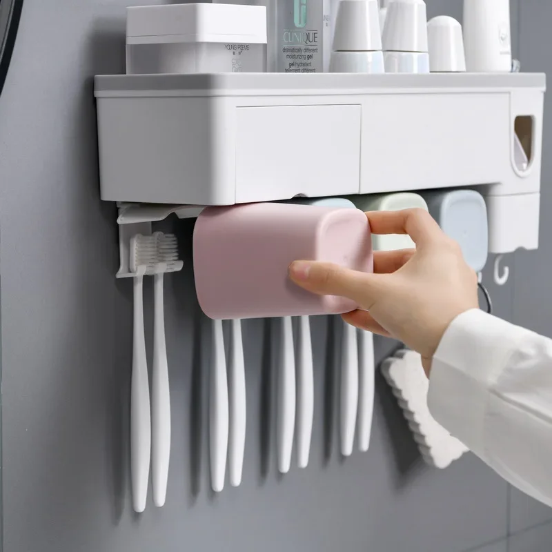 Popular Toothbrush Rack Bathroom Suction Wall-mounted Punch-free Automatic Toothpaste Squeezing Artifact Mouthwash Cup Set