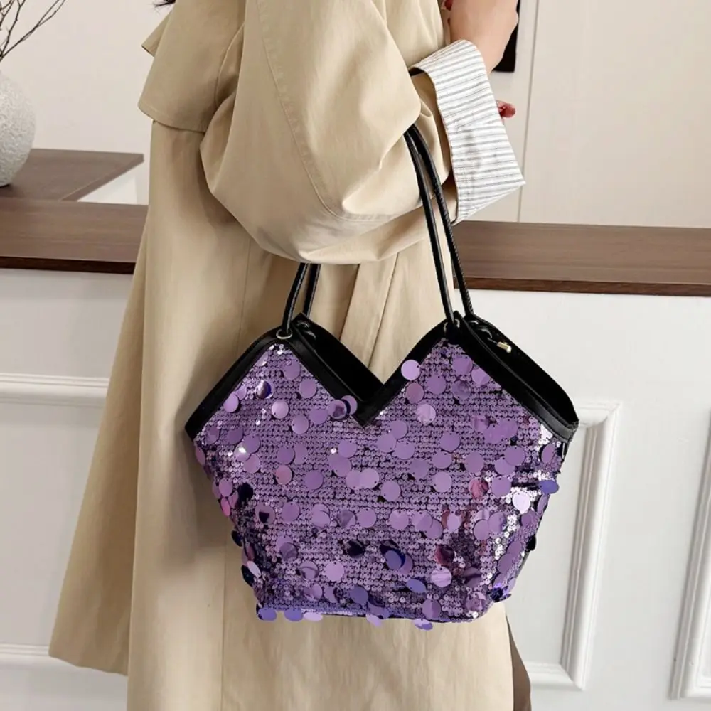 

Fashion Sequin Shoulder Bag Women Large Capacity Glitter Handle Bag Trendy Versatile Texture Commuting Tote Bag