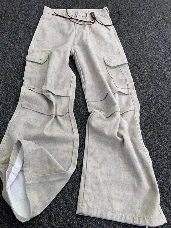 

American Retro Marble Pattern Straight Leg Workwear Pants Men's Spring Autumn High Street Multi ket Loose Wide Leg Casual ...