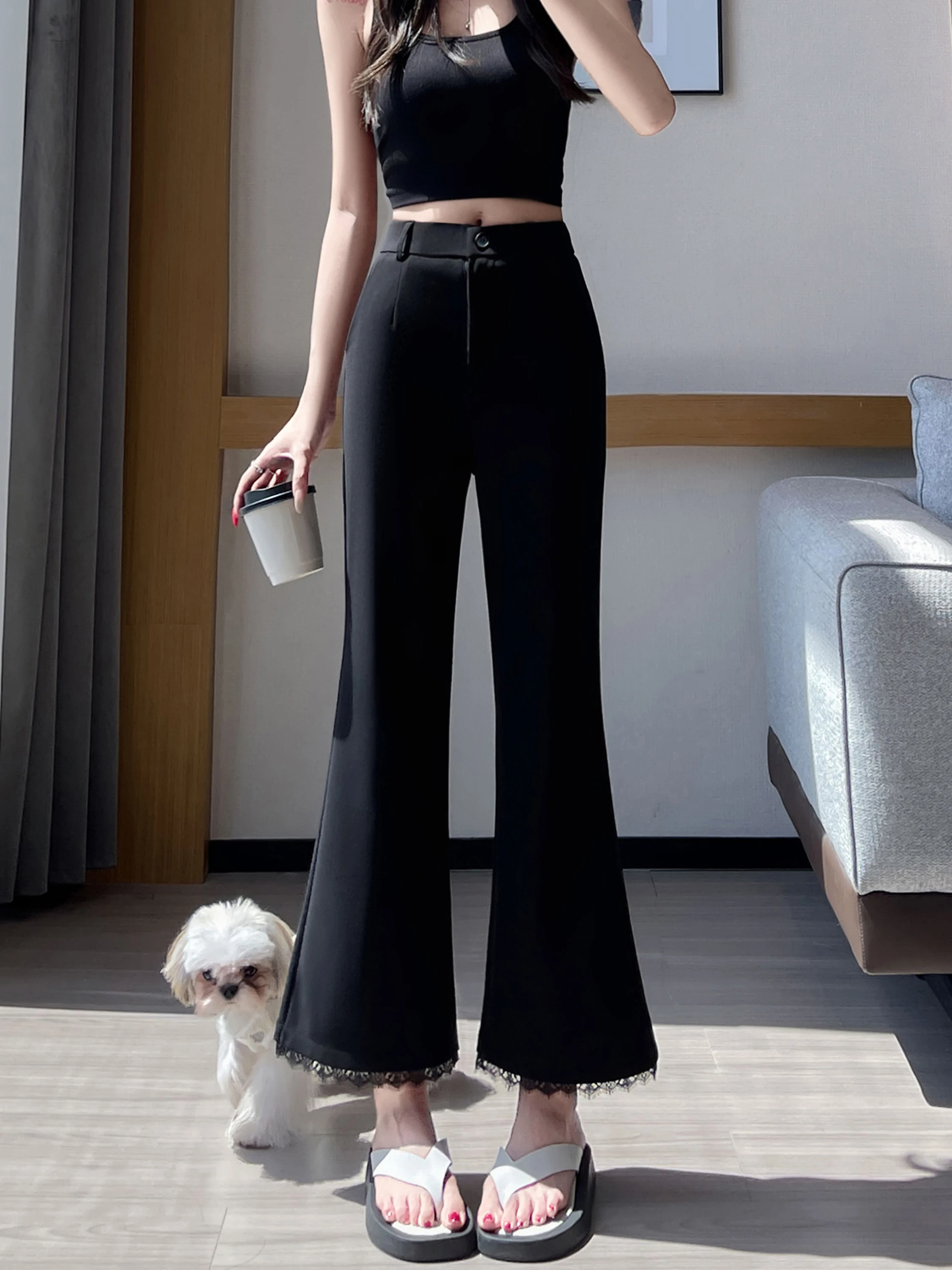 Black Lace Splice Suit Pants Women's Summer Slim Fit High Waist Commute Style Polyester Blend Micro Flared Trousers