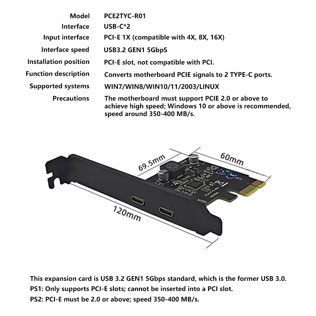 USB-C PCIe Expansion Card 5Gbps 2 Ports High Speed with UPD720202 Chip PCI-E X1 USB3.2 Type-C Adapter Card For Gaming PC Desktop
