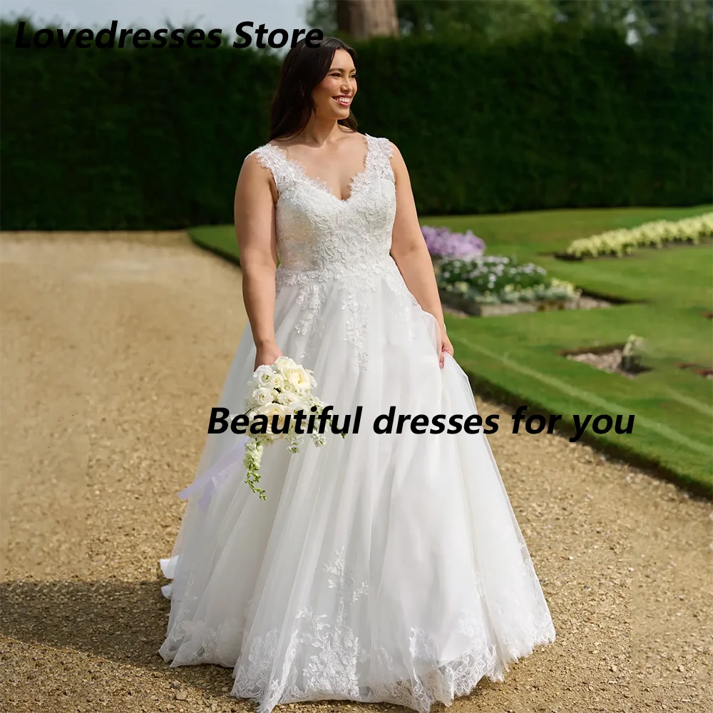 

Wedding Dresses Plus Size Customized Sleeveless V Neck Lace Applique Soft Tulle A Line Bridal Gown Bride Dresses 2025