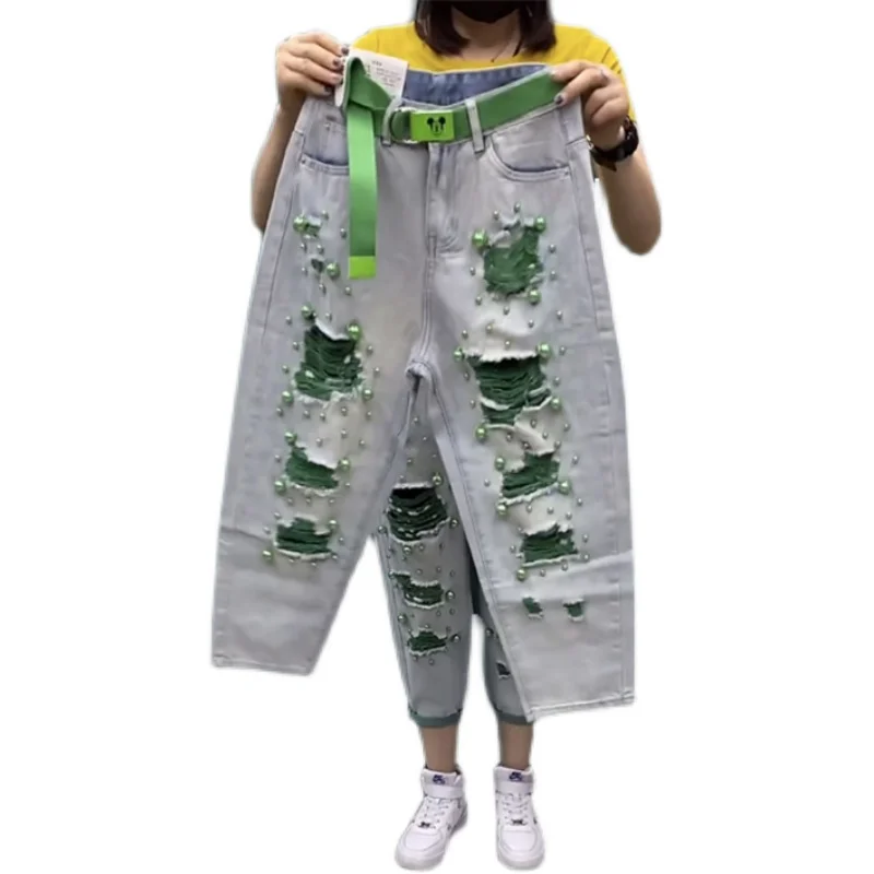 Solto een denim jeans feminino verão fino em linha reta calças de perna larga cintura alta nove pontos harlan pobre solto ajuste jeans