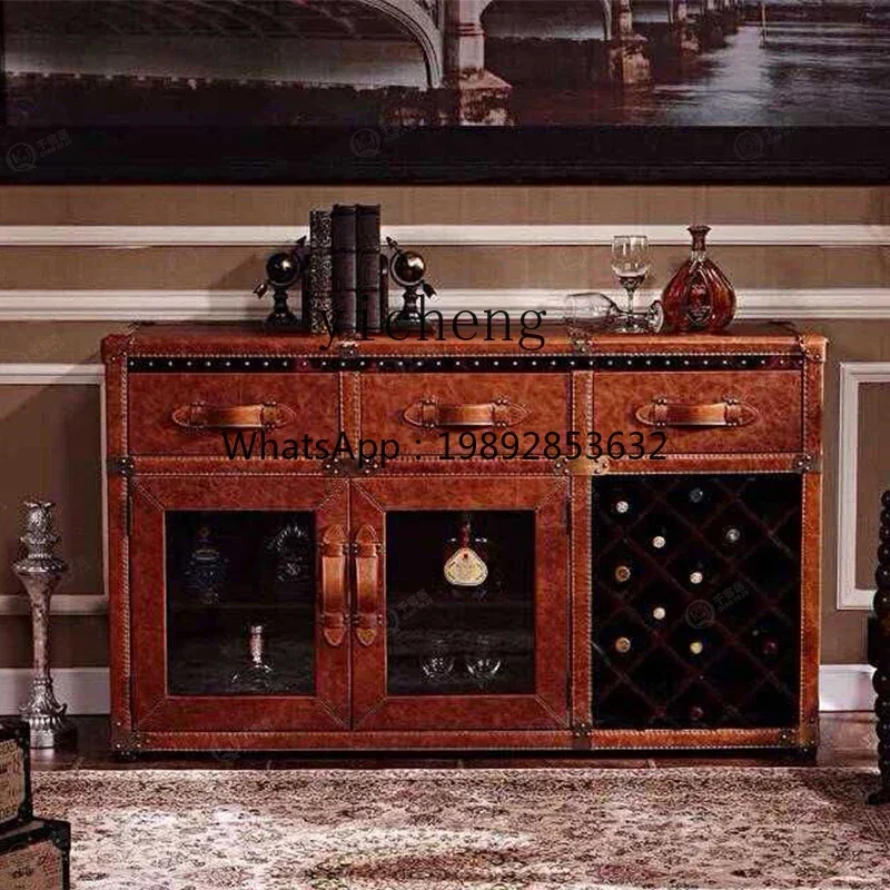 D1American retro oil wax leather dining side cabinet French wall living room entrance storage storage table
