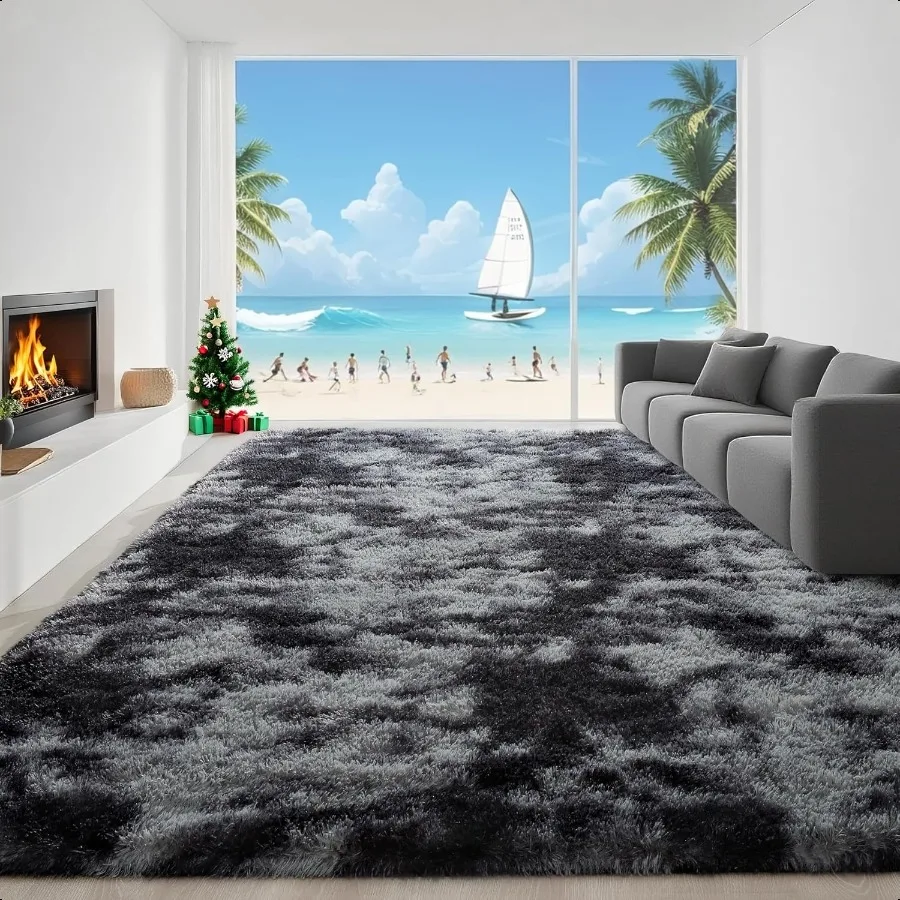 

4x6 Feet Area Rugs for Living Room Bedroom TieDyed Black Grey Soft Fluffy Shaggy Bedside Carpet hine Washable Indoor Floor Rug