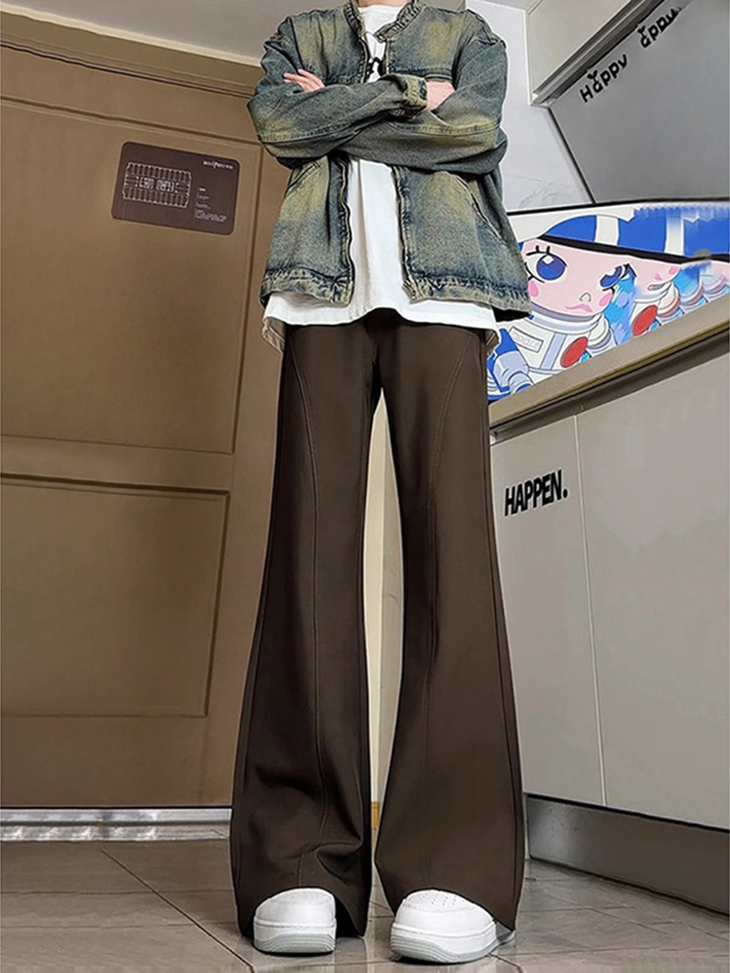 

Кофейный цвет, американские джинсы с наклонным ножом, мужские брюки CleanFit, прямые брюки для похудения, расклешенные брюки из чистого хлопка, рабочая одежда