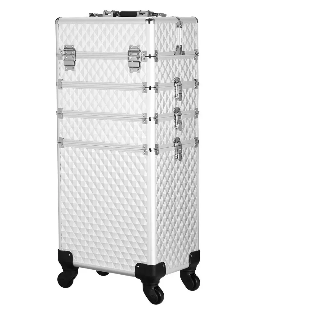 4 in 1 Aluminum Professional Makeup Trolley Case for Artists Beautician Travel Jewelry Train Case w/ 2 Wheels (Diamond Purple)