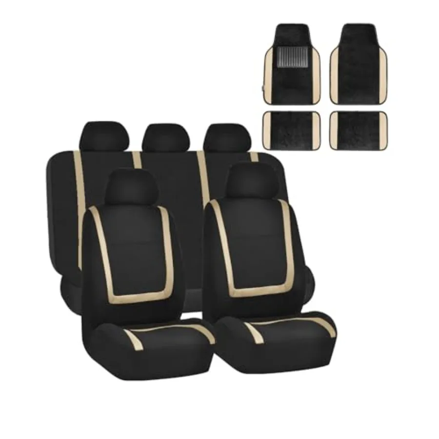 

Unique Flat Cloth Seat Covers with Premium Carpet Floor Mats for Most Cars Trucks SUVs or Vans Beige Black FB032115 F14407