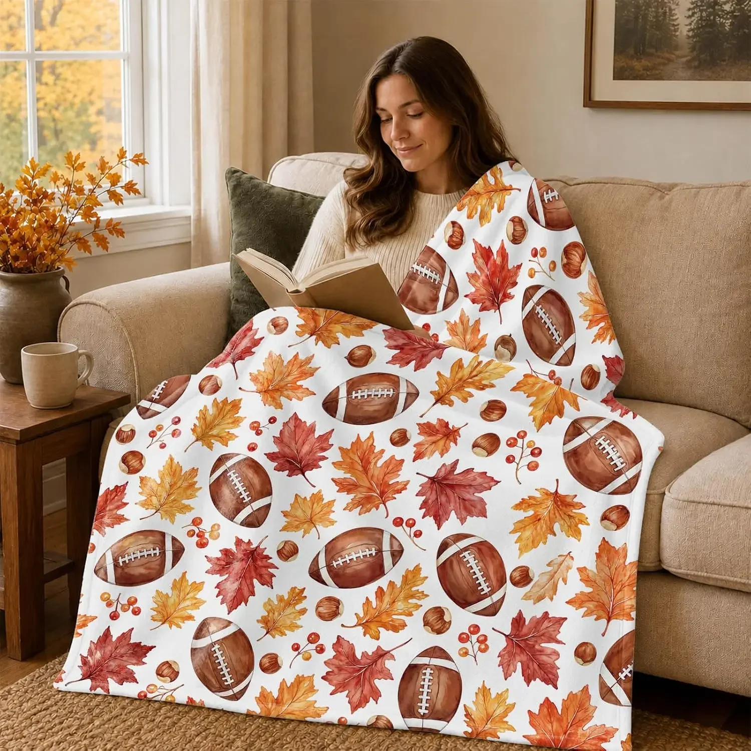 Accnicc Burnt Orange Maple Leaf Throw Blanket 50 X 60 Inch Fall Football Theme for Home Decor