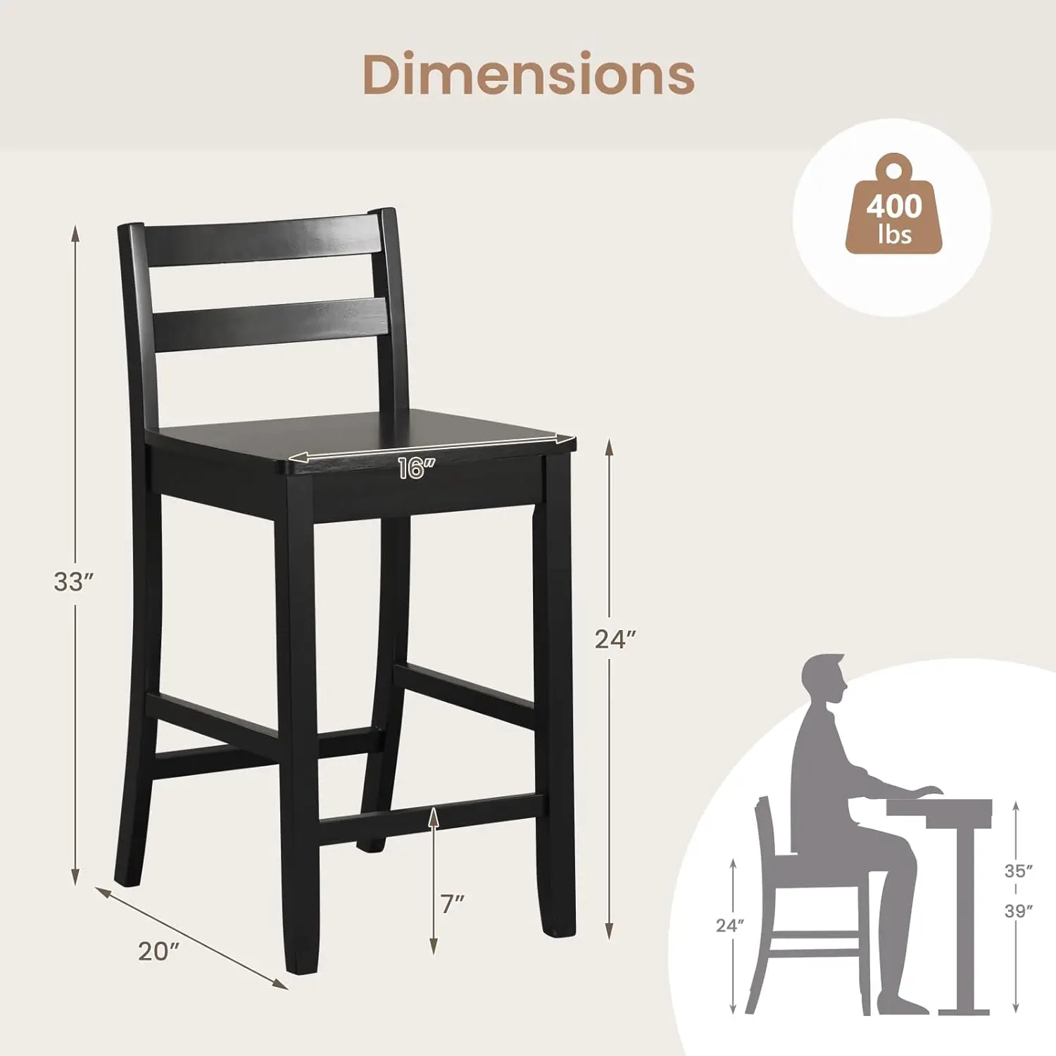 WoodenBarStoolsConjunto de 4,24 pulgadasCounterHeightStools con respaldo ergonómico y reposapiésCasa de granjaSillas altas de comedor para Isla de cocina