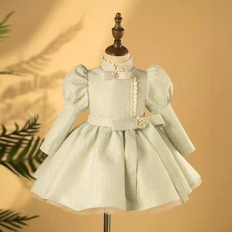 2024 New Children's Evening Gown Bow Pearls Lace Design Kids Catwalk Wedding Birthday Baptism Eid Party Girls Dresses A3632