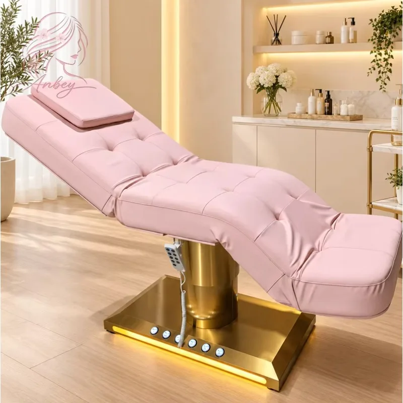 3 Motor Electric Beauty Massage Bed Wood Grain LED Base Foot Control No Armrest for Salon Spa Clinic