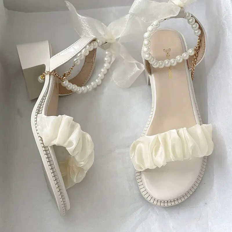 Maogu New Girl Shoes Summer Sandals 2023 Pearl Cute Sweet Elegant White High Heels for Women Elegant Woman Heeled Shoe Footwear