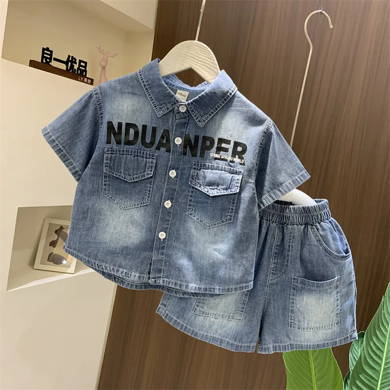 

Boys' Summer Short sleeved Denim Shirt Set 2025 New Fashionable Children's Summer Clothes Set Baby Thin Clothes